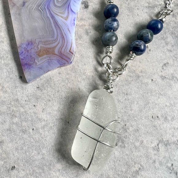 Seaglass + Sodalite Crystal Chain Handmade Necklace - Picture 3 of 7